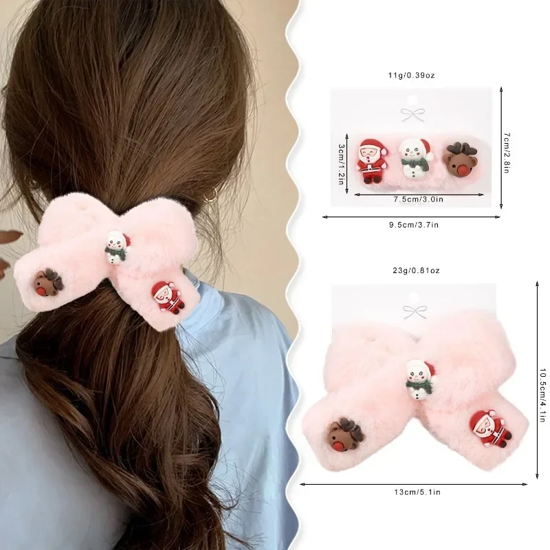 Christmas Bow Plush Hair Clip Soft Cute Hair Clip With Bangs Pink Santa Claus Elk Hair Accessories Girls Women New Year Gifts