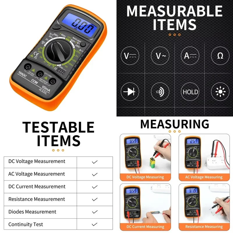 2000 Counts 1999 Digits Hand-held Smart XL830L Digital Multimeter Multi Tester With LCD Backlight Displaying