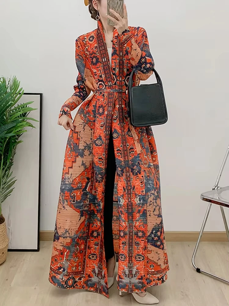 Anlan Geplooide Print Revers Lange Windjack Vrouwen Losse Vintage Stijl Full Mouw Casual Outwear Herfst Nieuwe Trenchcoats 17g8355