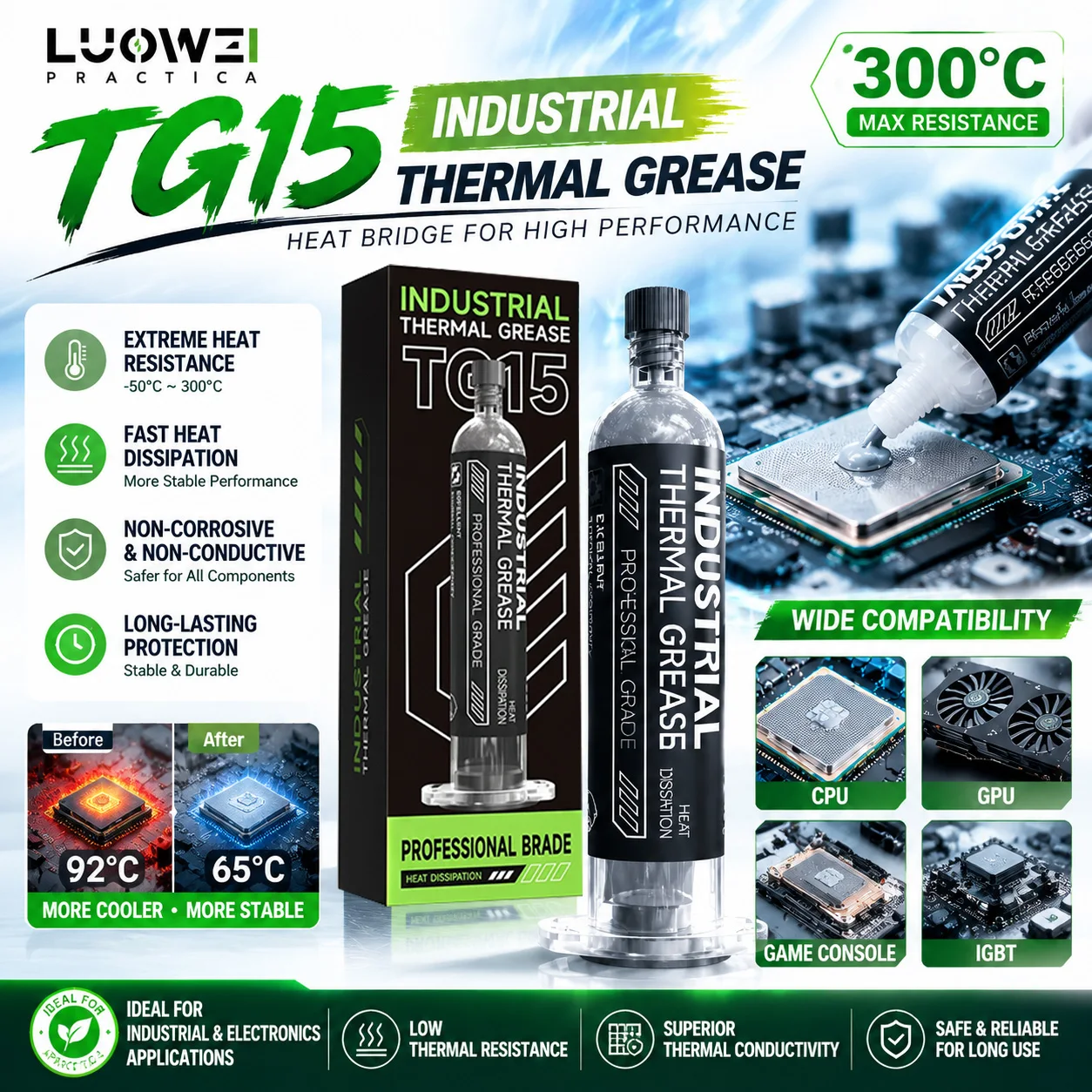 Luowei TG15 Industrial Thermal Grease Efficient Heat Conduction Silicone Thermal Paste for CPU GPU Power Module Electronic