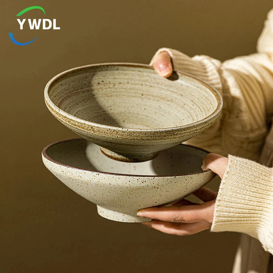 YWDL 1/2pcs Japanese Ceramic Salad Bowl Heat-resisting Coarse Ceramic Bowl For Noodle Soup Rice Sesame Spots Dinnerware 800ml