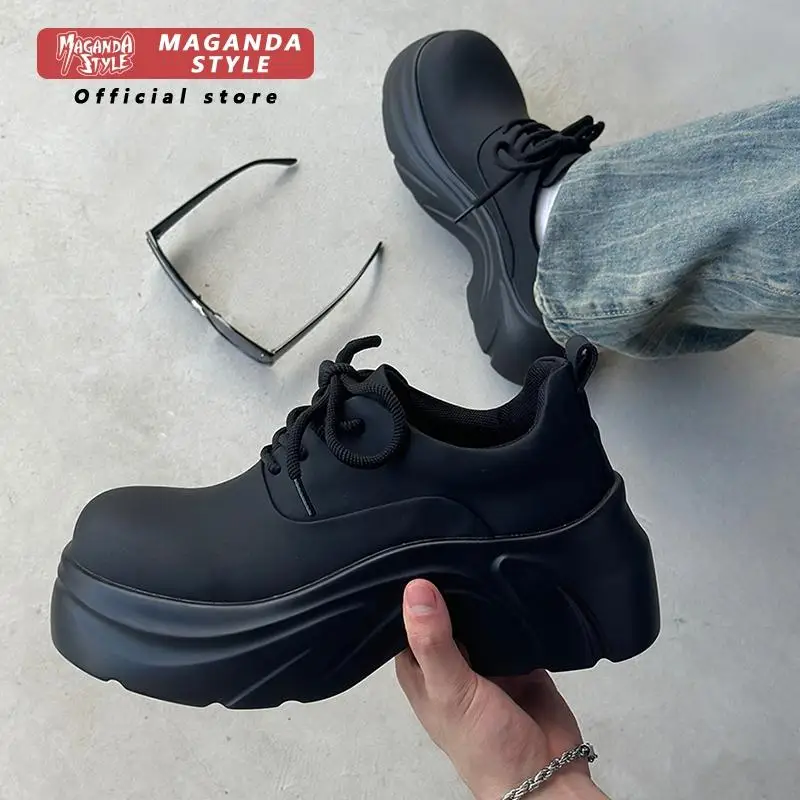 Original leather shoes men's thick sole with 7CM height increase design Derbies black new lace up matte commuting workwear shoes
