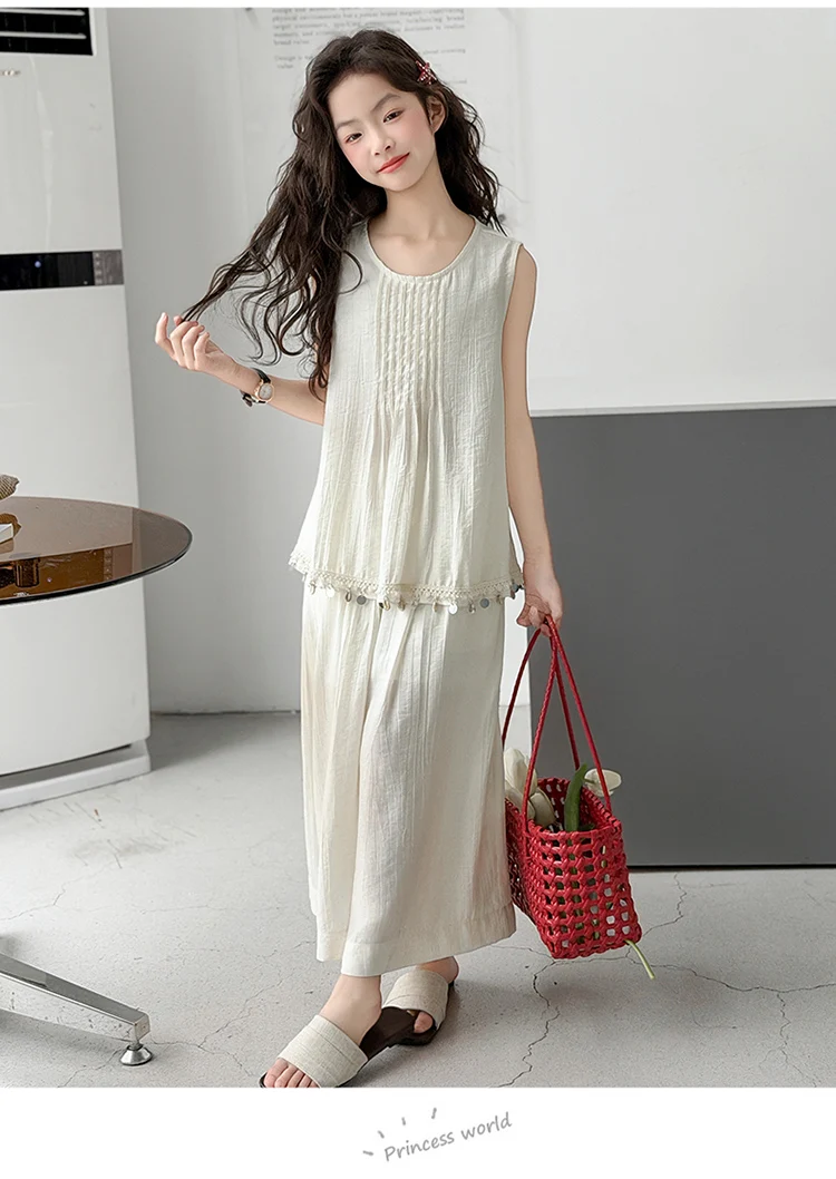 Kinderkleidung Mädchen Sommer 2026 Bohemian-Stil Ärmelloses Oberteil und Weite Hose Locker Bequem Atmungsaktiv – Detail 5