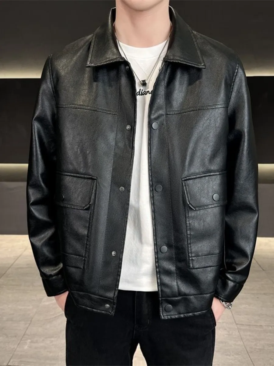 

Мужская кожаная куртка-косуха Slim Fit с отложным воротником, повседневная, летняя, в различных цветах