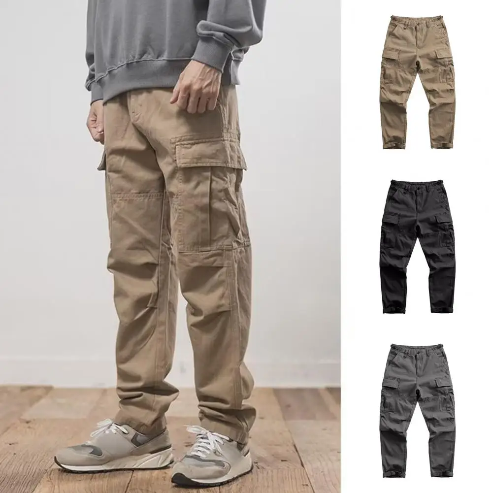 Straight Leg Shape Trousers Vintage Style Men's Cargo Pants with Multiple Pockets for Outdoor Travel Loose Fit Straight Leg