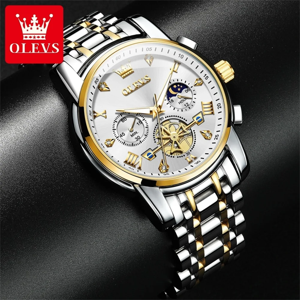 OLEVS 2856 Man 24 Hour Moon Phase Chronograph Side Display Waterproof Luminous Multifuncation Original Quartz Wristwatch for Men