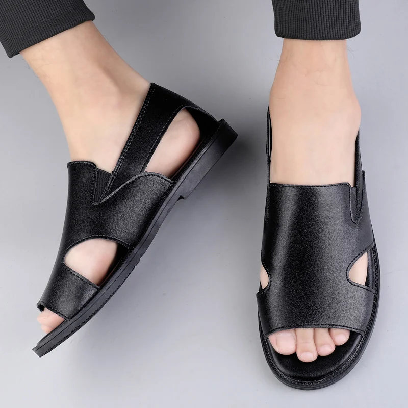 Italian Style Summer Black Sandals Lightweight Fashion Roman Shoes Original Designer Leather Shoes Outdoor Breathable Slippers