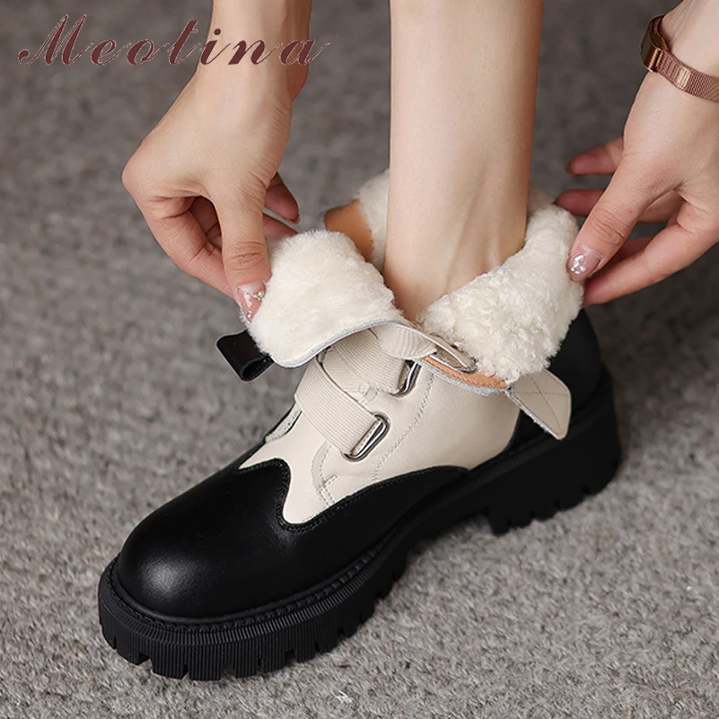 

Meotina Women Genuine Leather Ankle Fur Wool Boots Round Toe Platform Flat Mixed Colors Ladies Short Boot Autumn Winter Shoes 40