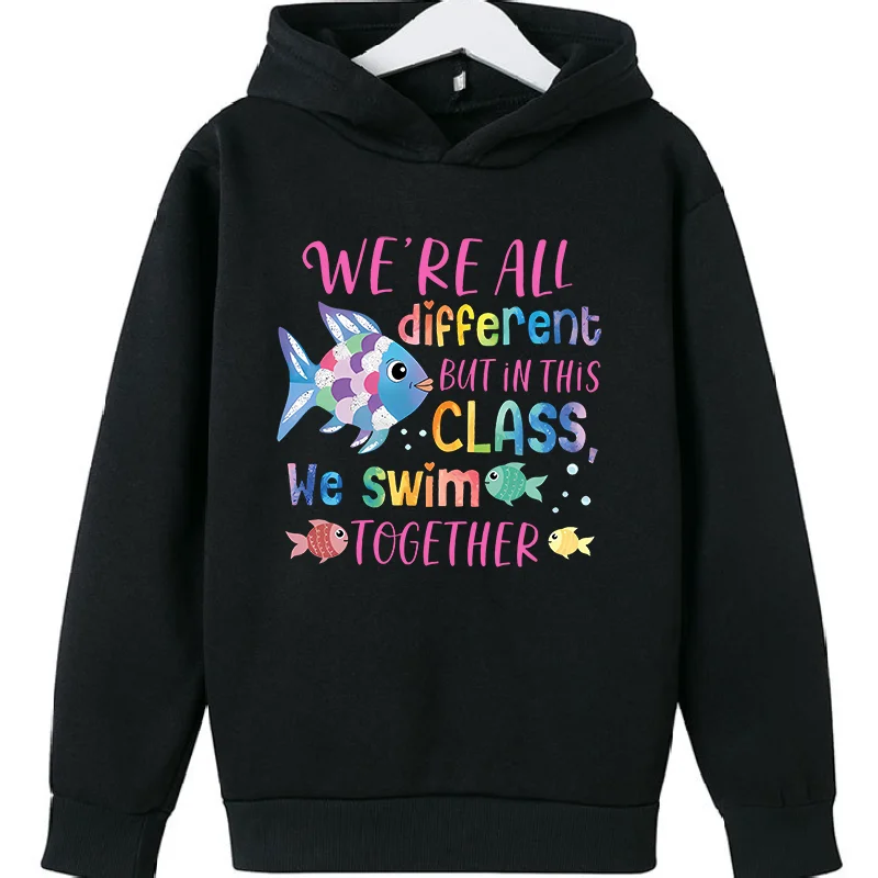 Kids Hoodie, Colorful Rainbow Fish Inspirational Quote Print Long Sleeve Pullover Casual Boys Girls Hooded Sweatshirt Tops