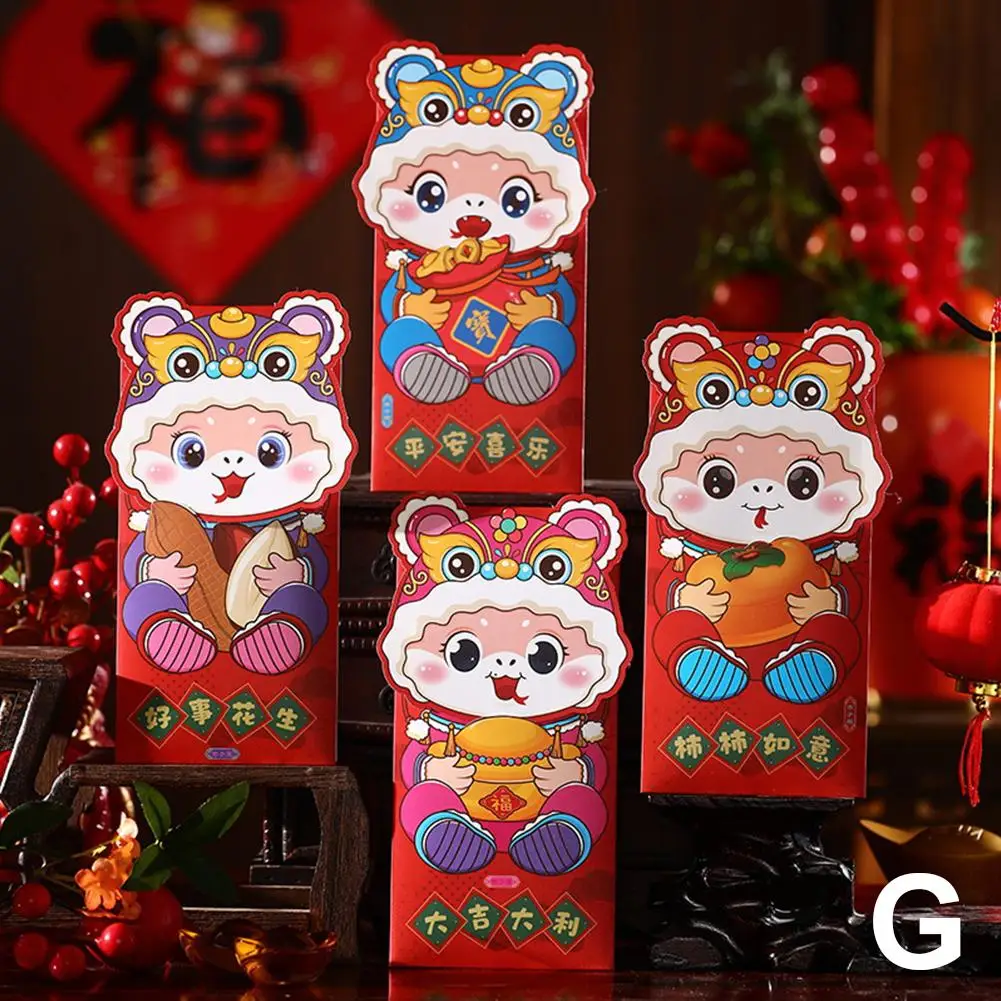 Baru 4 buah 2025 Tahun Baru Cina amplop merah Kartun Tahun pernikahan ular Beruntung Festival Hongbao paket Musim Semi kantong uang O3D9