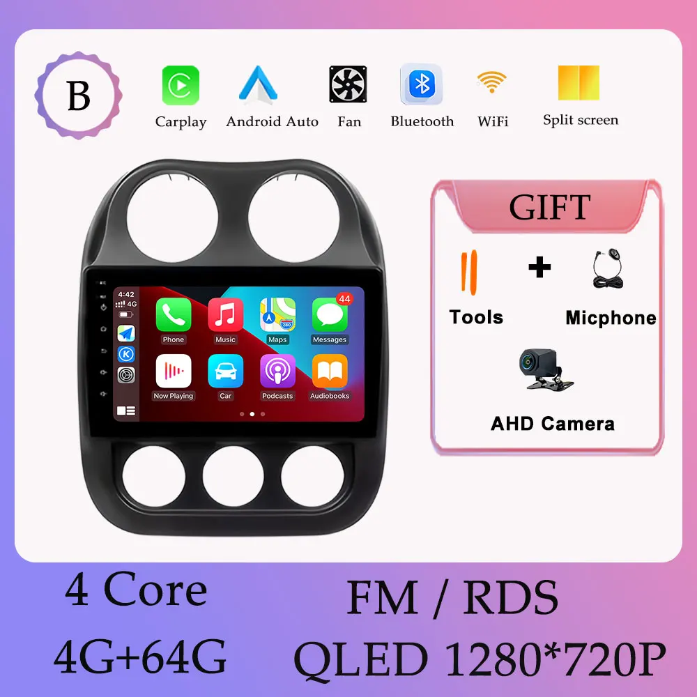 Draadloze Carplay Android 16 Autoradio Video Audi Multimedia Speler voor Jeep Compass Patriot 2009-2015 GPS Navi DSP Stereo WIFI - afbeelding 1
