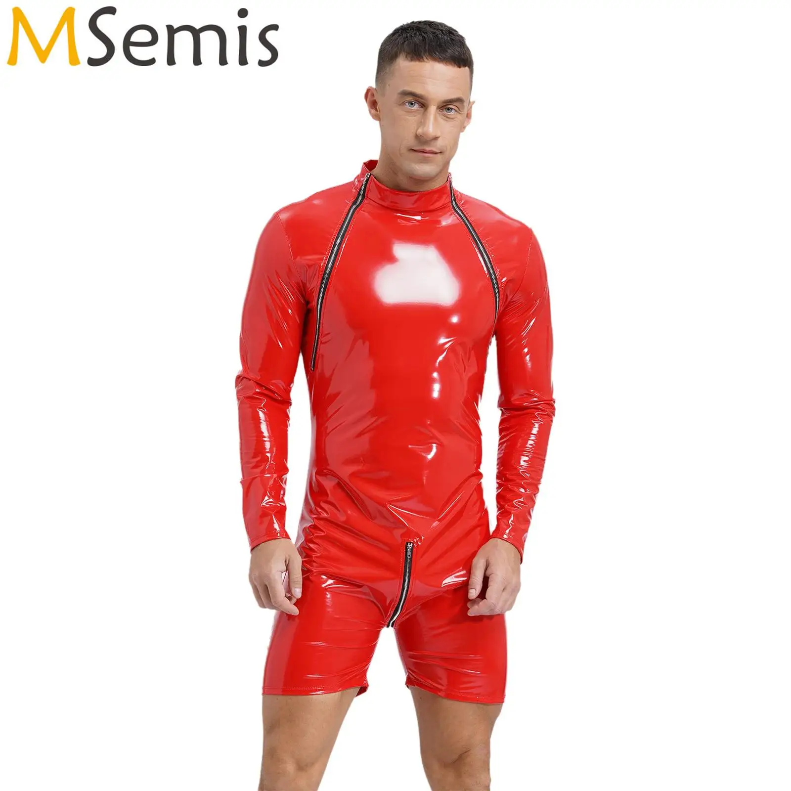 Sexy Mens Shiny Latex Catsuit Jumpsuit Patent Leather Wet Look Slim Fit Clubwear Zipper Boxer Wrestling Singlet Overall Bodysuit