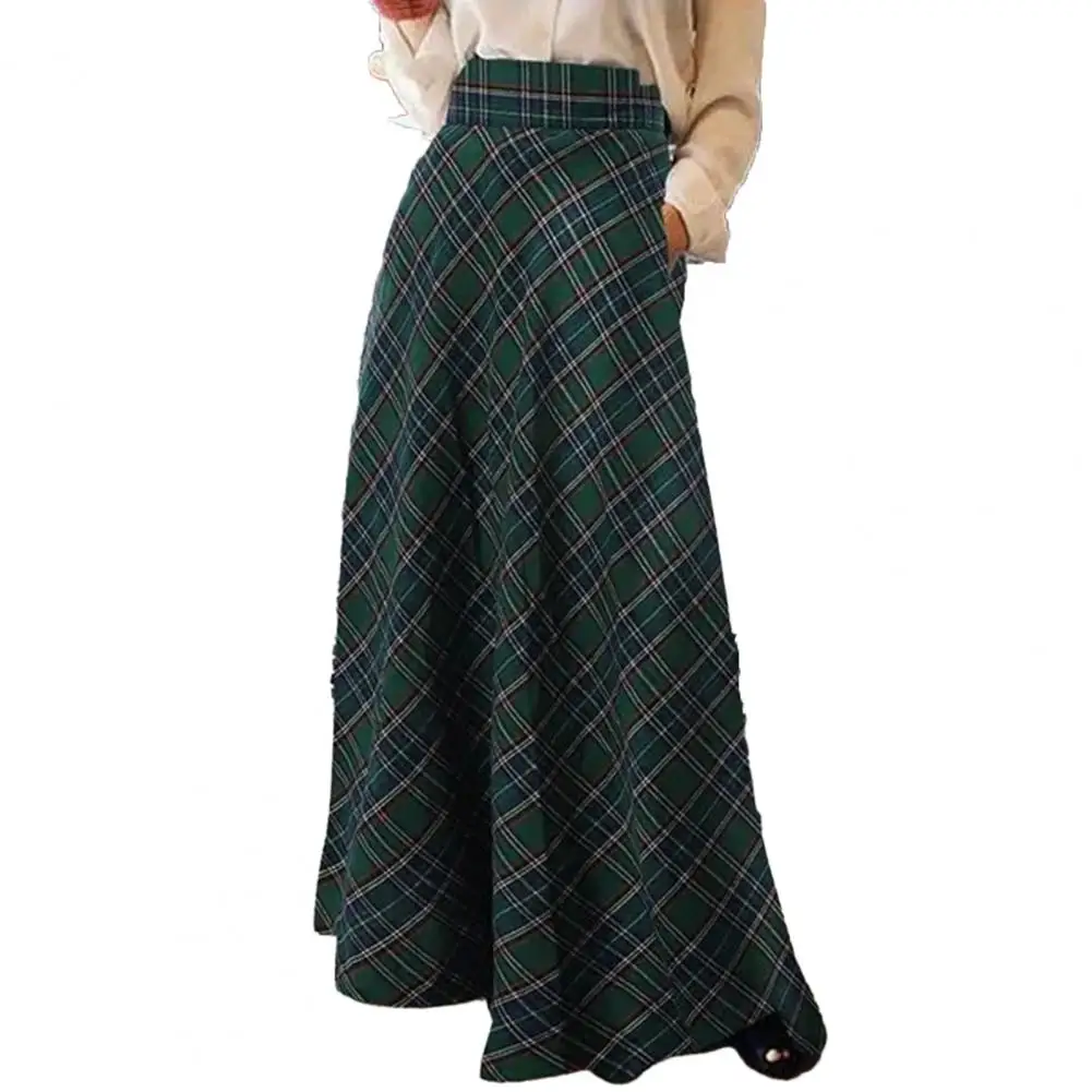 

Women High Waist Skirt A-Line Plaid Print Women Spring Skirt Floor Length Large Hem Skirt