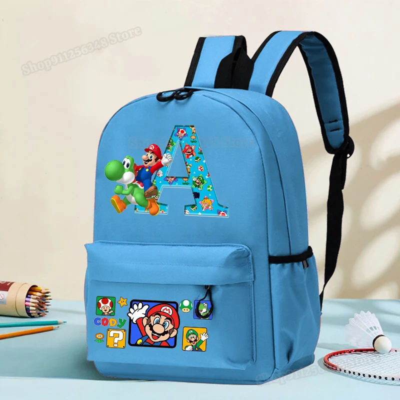 

Super Marios Bros Backpack Cute Cartoon Letter A-Z Print Kids Schoolbag Large Capacity Mochila Waterproof Travel Bags Aesthetic