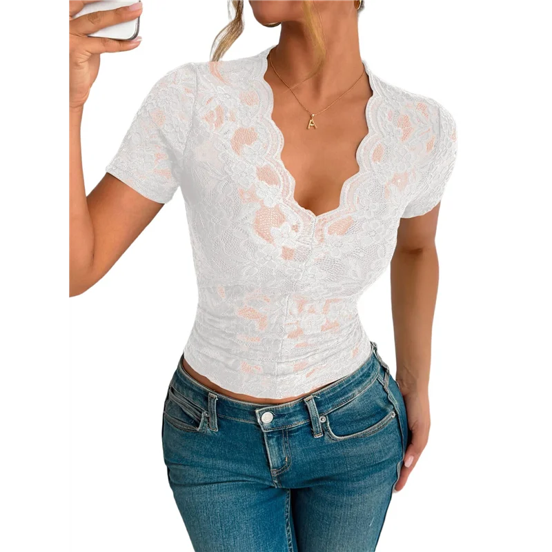 Mesh-Top für Damen, kurzärmelig, Rundhalsausschnitt, tailliertes Oberteil, solide T-Shirts mit floraler Spitze, durchsichtige Blusen mit V-Ausschnitt