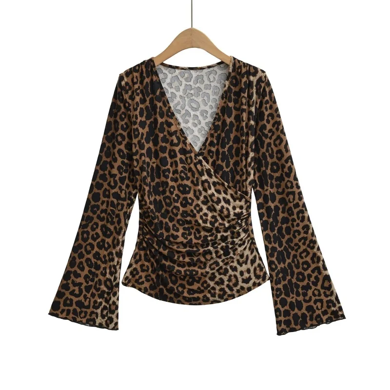 Retro Sle-riem met taille, uitlopende mouwen, V-hals, lange mouwen, gekruist strikontwerp, boting-top voor dames, luipaardprint