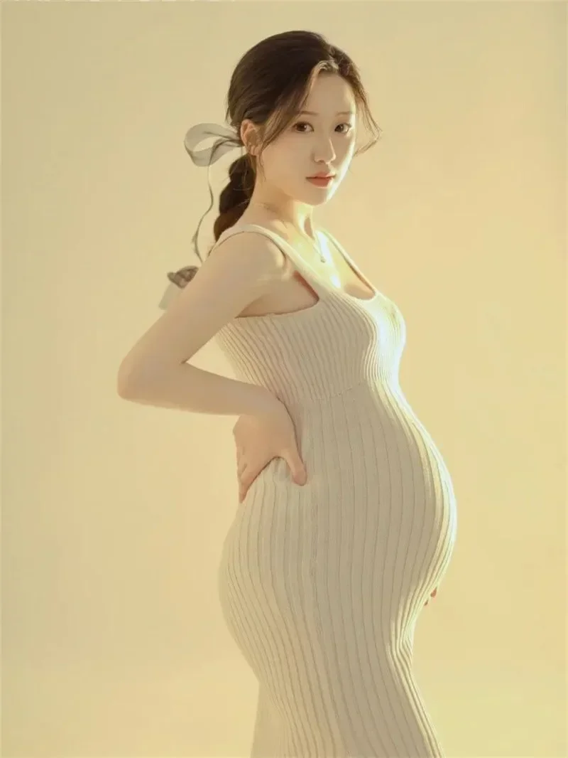 임신 한 여성을위한 출산 니트 드레스 임신 옷 사진 촬영을위한 스파게티 신축성있는 출산 사진 드레스