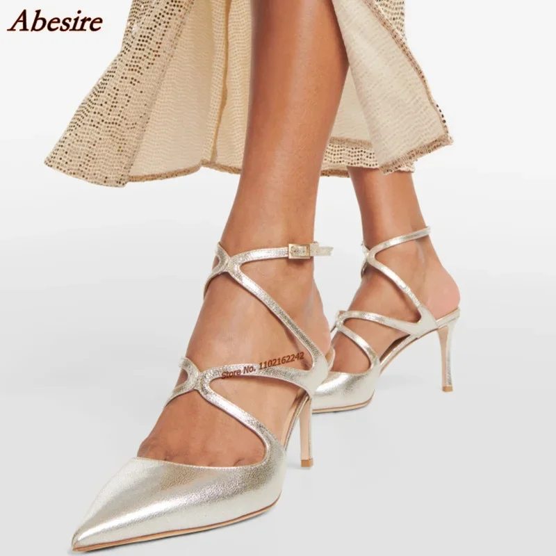 

2023 New Fashion Simple Silver Pointed Pumps Stiletto 8cm/10cm Cross Buckle Elegant Casual Dress Wedding Shoes Gladiator 46