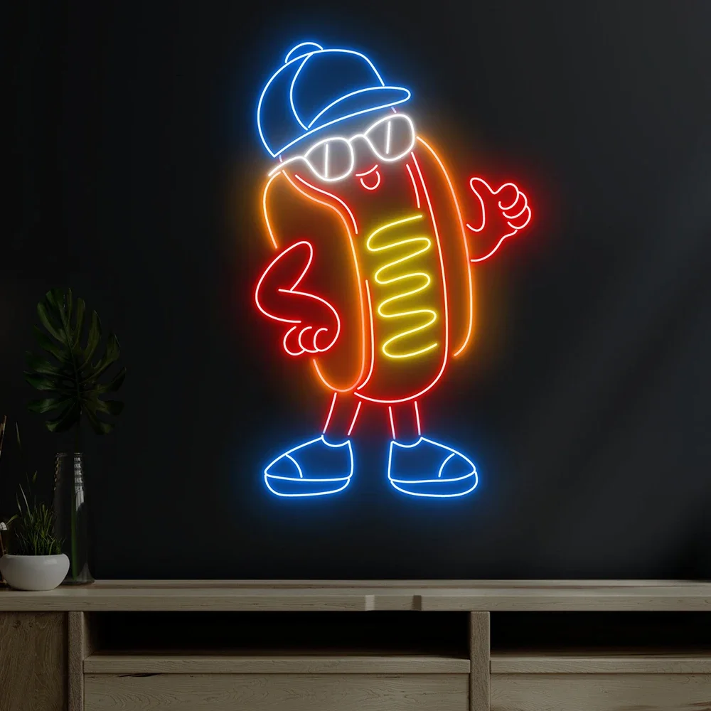 Hot Dog Man Neon Sign Custom Fast Food Restaurant Wall Decor Hot Dog Store Sign Street Food Truck Decoration LED Neon Light