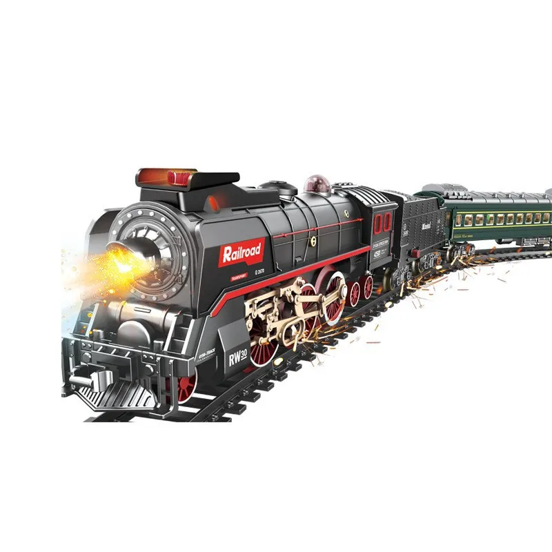 Retro Steam Train Track Toy Set Simulation Electric Train Model  Remote Control Rail Car Children's Toys For Kids