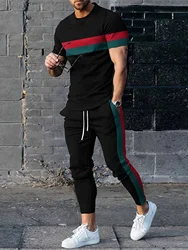 Men's Casual Fashion Short Sleeve Long Pants Suit Spring Summer Comfortable Daily Drawstring Design Stripe Patterns