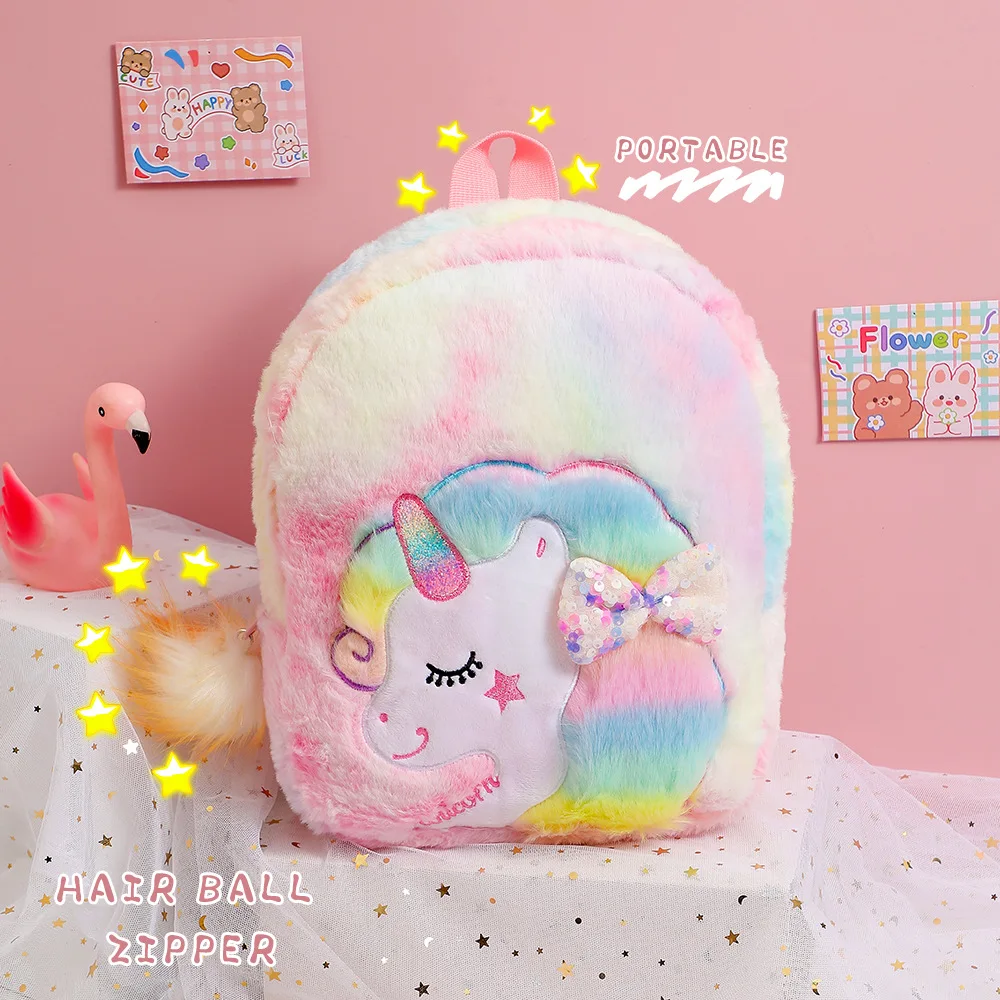 Autumn and winter plush backpack shiny bow unicorn bag