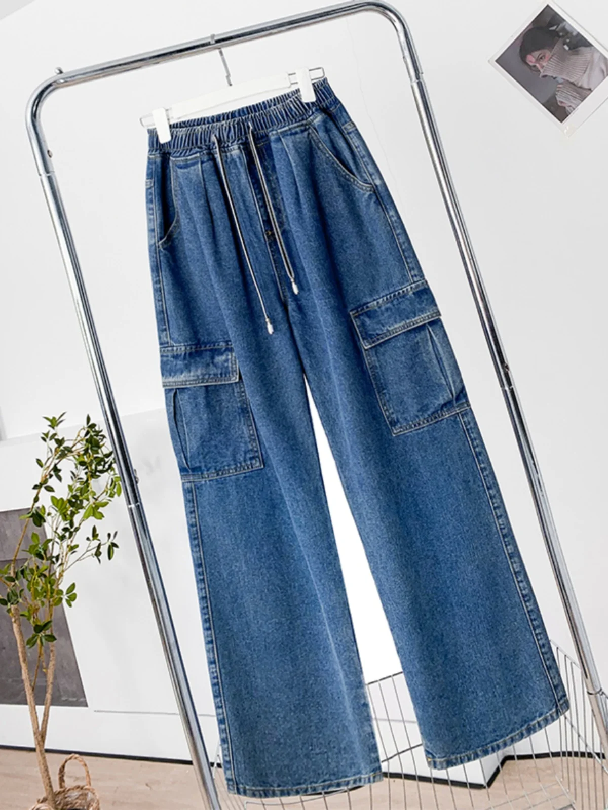 Cargo Pants Autumn Winter Velvet Thicked Jeans Women's Oversized Elastic Waist Drawstring Casual Wide Leg Denim Trousers M-6XL ﻿