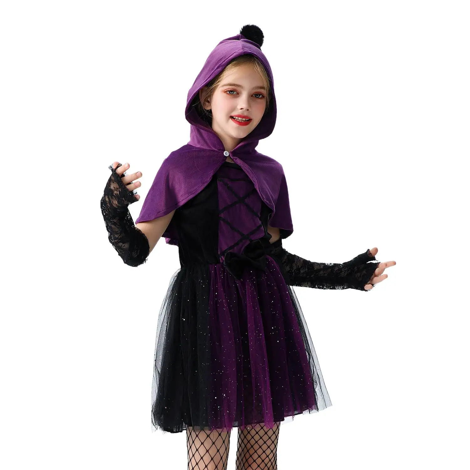 Purple Witch Costume Dress Robe for Girls  Children's Performance Halloween Outfit Polyester Fiber 100% Stage Costume