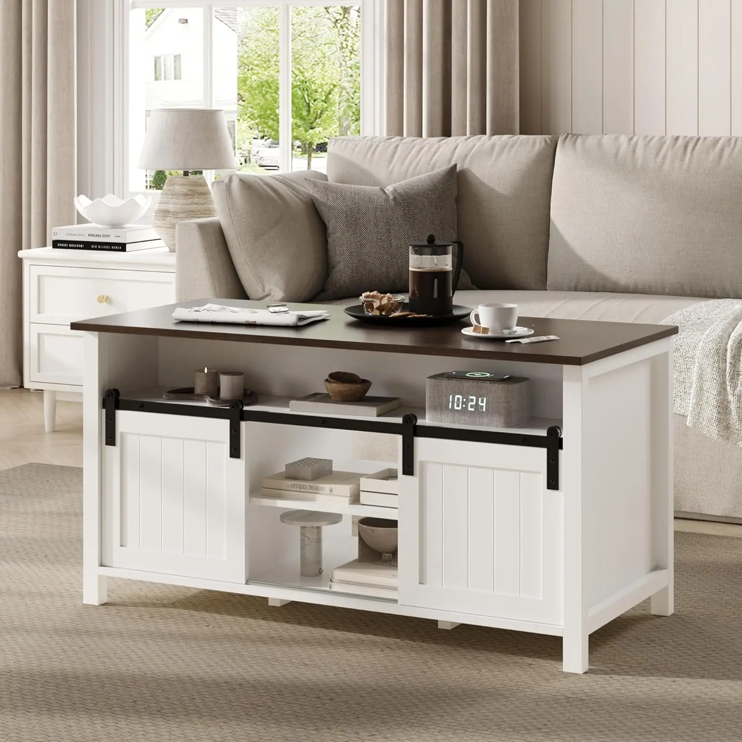 

Farmhouse Coffee Table with Storage, Rustic Living Room Table with Sliding Barn Doors & Hidden Compartment, Wooden, Customized