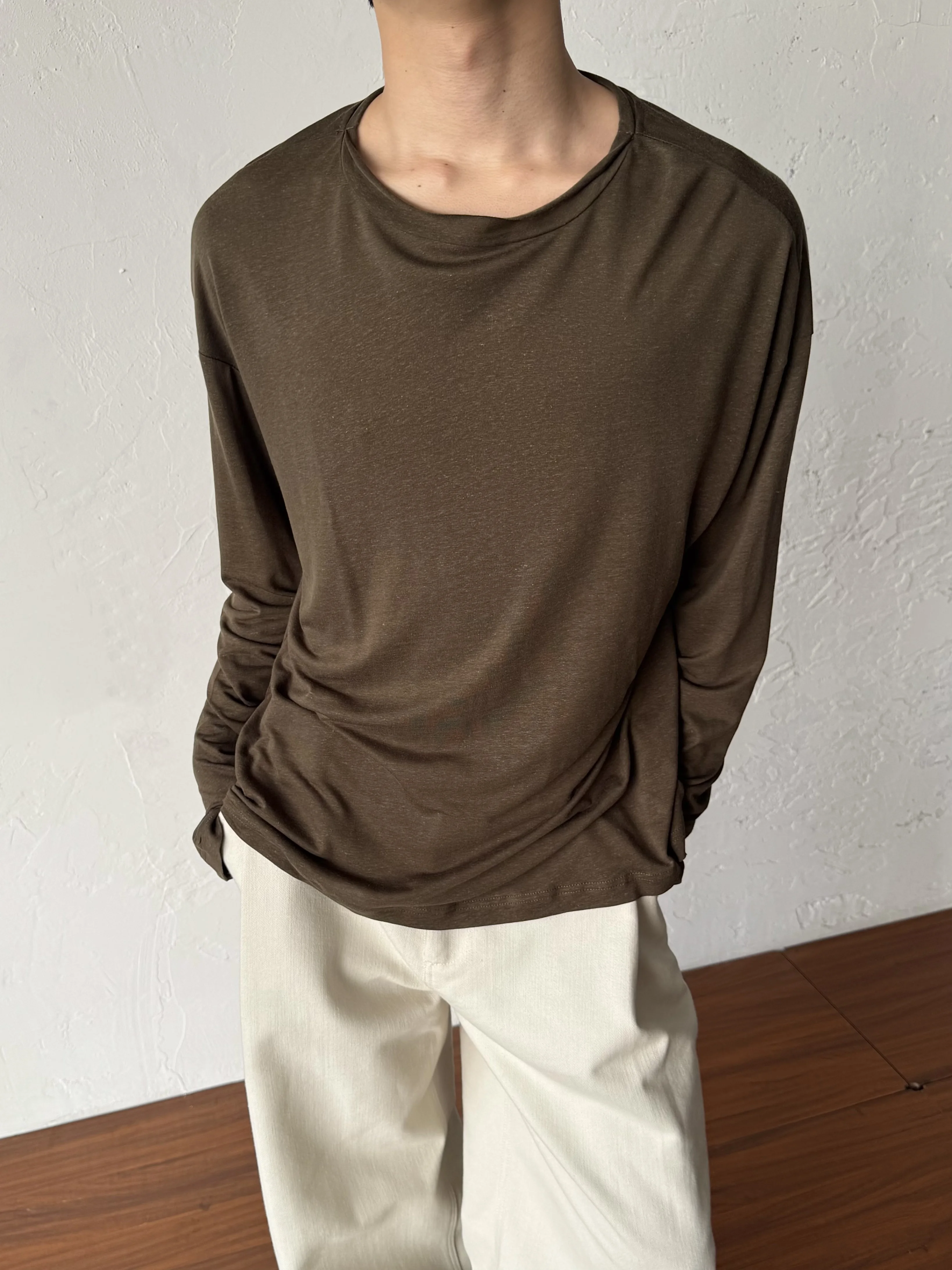 14GSL Lazy Feel Casual Long Sleeve round Neck T-Shirt Skin-friendly Anti-wrinkle Base Layer Shirt Comfortable Loose Fit Youth...