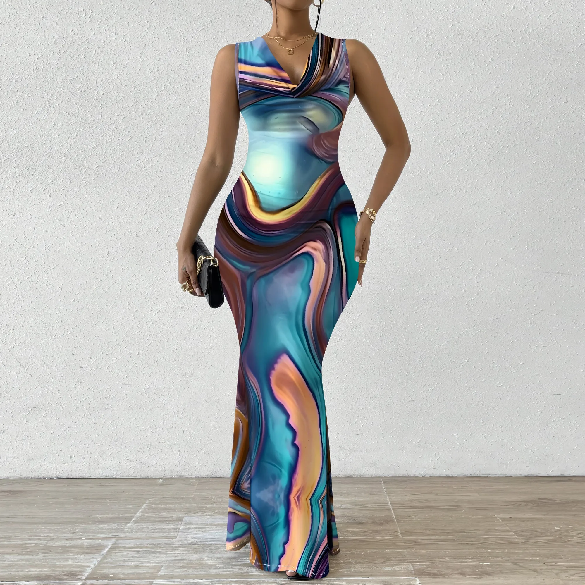 

Blue Marble Print Maxi Dress XS-2XL Drape Neck Sleeveless Bodycon Style for Cocktail Party, Art Show or Elegant Evening Look