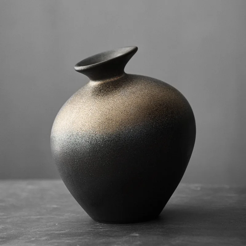 Black Terracotta Vase Coarse Pottery Vase Ceramic Imitation Stone Abstract Flower Arranger Vases Retro Glazed Flower Ware