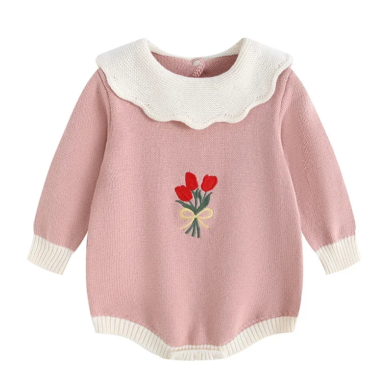 2026 neue Frühjahr 0-24 M Kleinkind Baby Mädchen Gestrickte Strampler Lange Ärmeln Floral Stickerei Infant Baby Mädchen gestrickte Overall