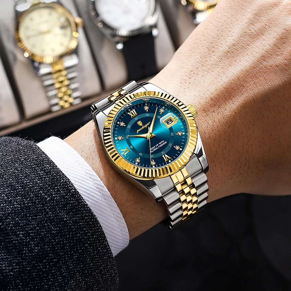 POEDAGAR ساعات رجالية كلاسيكية فاخرة موضة خيوط مدي ساعة للرجل مضيئة تاريخ مقاوم للماء ساعة يد كوارتز أصلية