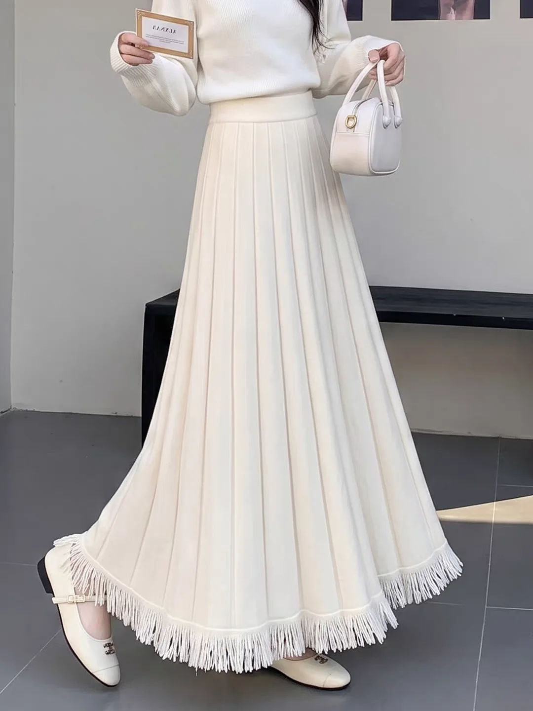 Women's Knit Pleated Maxi Skirts Fall Winter 2026 High Waist Drape A-Line Fringe Flowy Swing Long Skirt Chic Streetwear