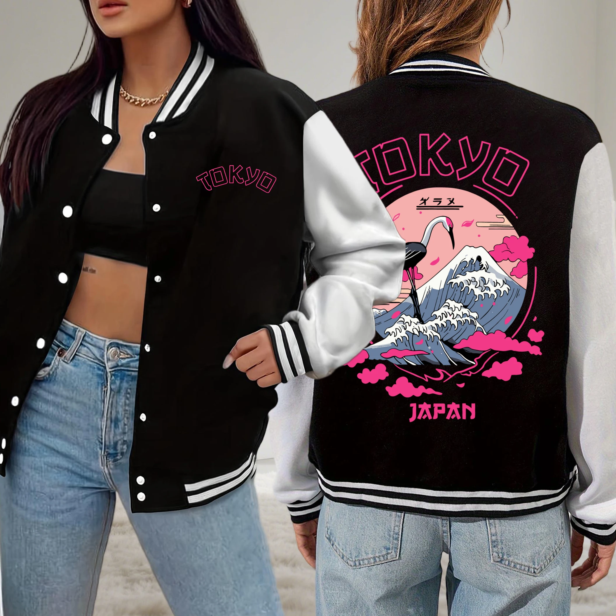 

Tokyo Japan Crane Waves Design Jackets Women Hip Hop Fleece Baseball Uniform Oversized Pocket Clothes Autumn Female Streetwear