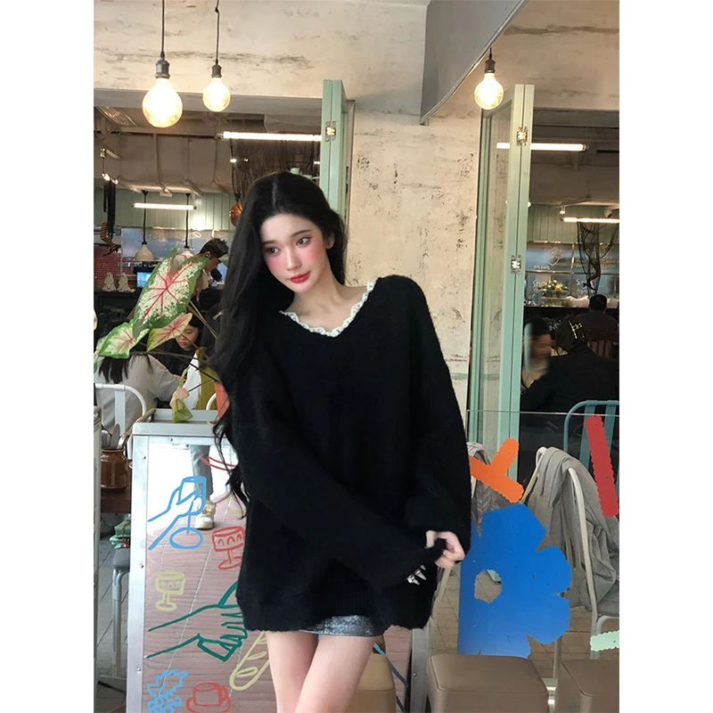 MEXZT Elegant Bow Sweater Women Sexy V Neck Oversized Knitted Pullovers Aesthetic Lace Knitwear Korean Long Sleeve Jumpers New