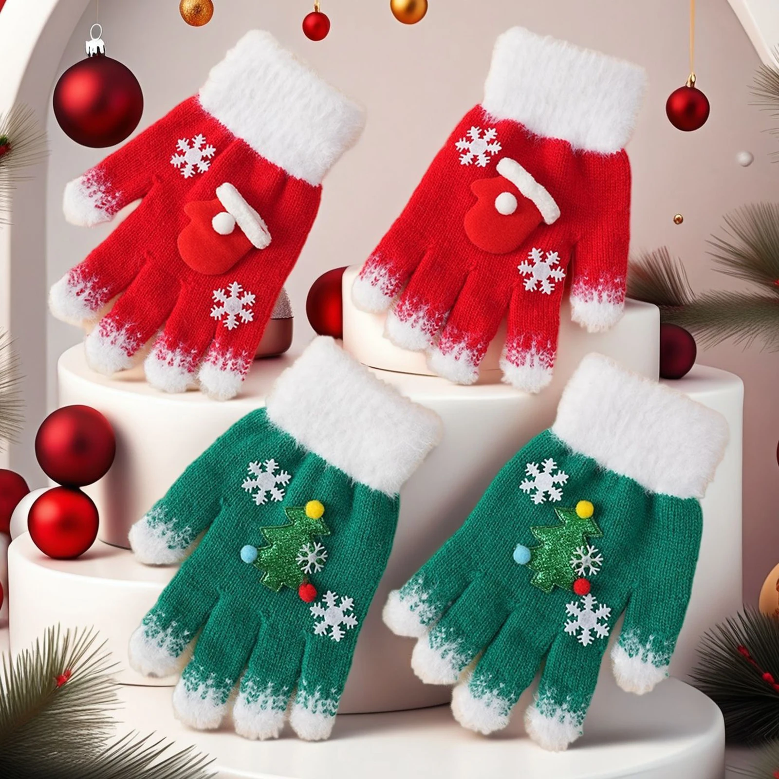 Christmas Children Themed Knit Gloves Snowflake Decor Thick Cute Winter Warm Gloves Festival Present