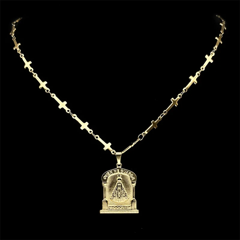 OUEM ME GUARDA Our Lady Of Aparecida Brazil Necklace for Women Men Stainless Steel Gold Color Cross Chain Jewelry collar hombre