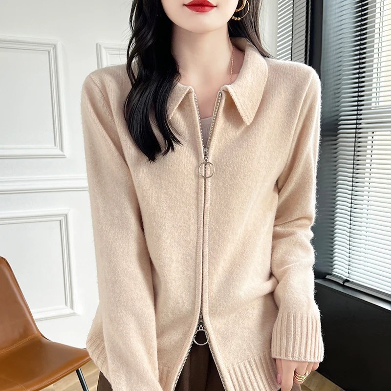 100% Pure Wool Zipper Cardigan Padded Shoulder Stand Collar Women's Cashmere Knitted Coat New Lapel Sweater