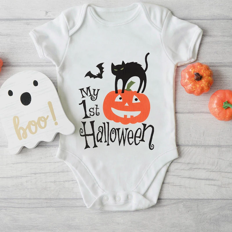 Funny Cat Bat Pumpkin Bodysuits 100% Cotton White Newborn Boys Girls Clothes My 1st Halloween Fashion Creative Infant Jumpsuits