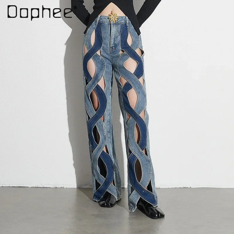 

Chic Contrast Color Twist Denim Pants Women with Metal Buckle Sexy Hollow Out Wide Leg Jeans Street Fashion Straight Pants