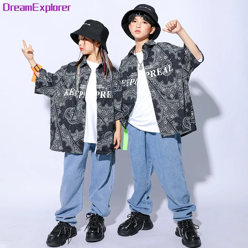 

Boys Street Dance Print Shirt Jeans Girls Hip Hop Paisley Clothes Set Kids Cool Jazz Pants Outfits Teen Rap Costumes Streetwear