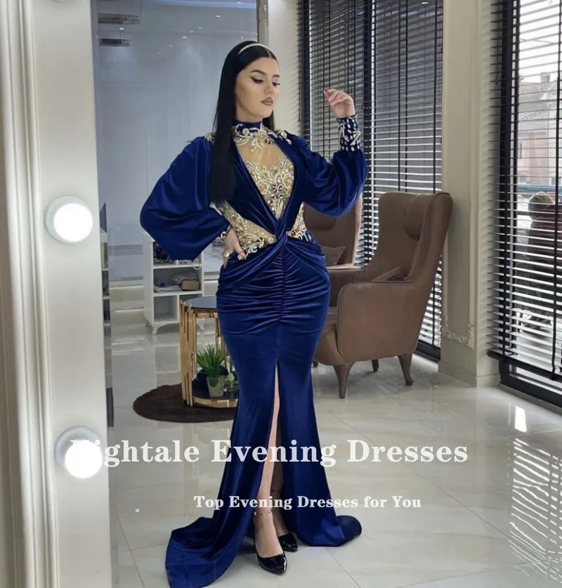 Eightale kaftan suknie wieczorowe na szyję długi z koralikami bufiaste rękawy aksamitna Custom Made syrenka suknia wieczorowa arabski dubaj Party Dress