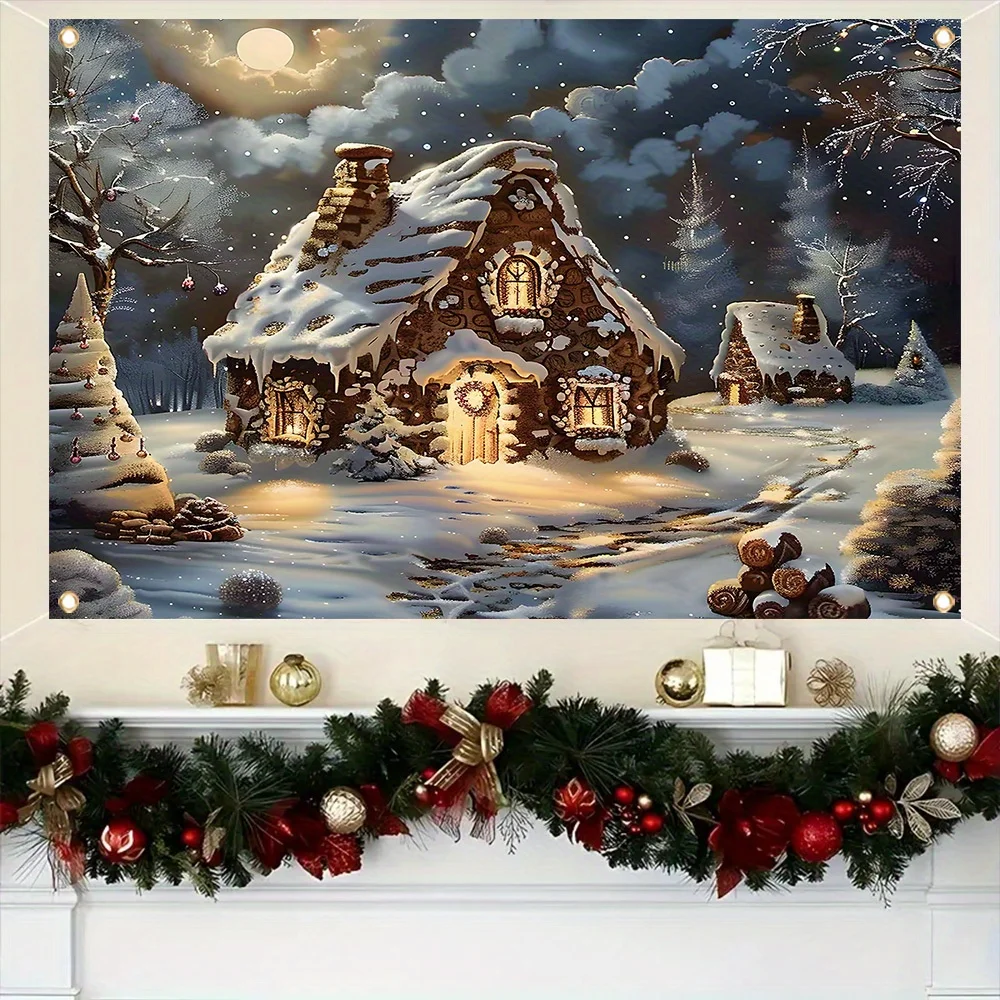 Merry Christmas Retro Log Cabin Banner - Durable polyester, easy to hang for winter snow scenes, holidays and the New Year