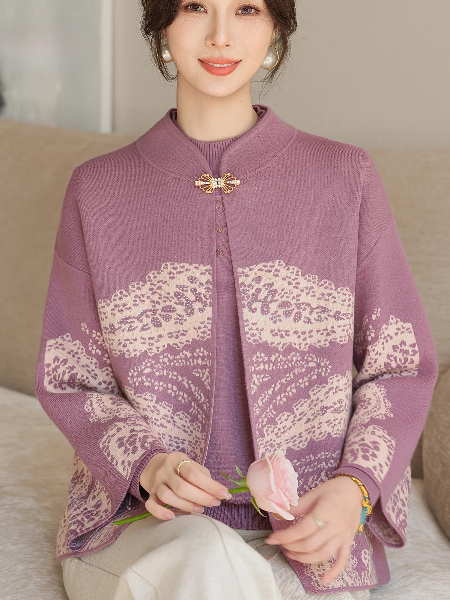 

Red f-High Collar Knitwear Two-Piece Set Warm Base Layer Top for Middle-Aged And ly Women Faionable Loose Fit Knitt...