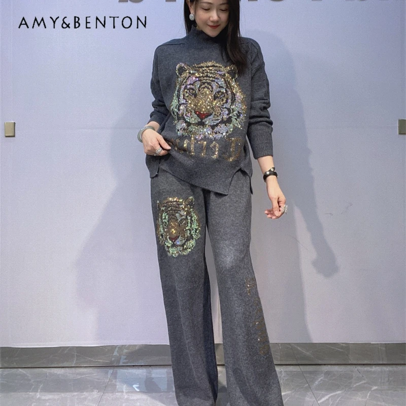 Set lavorato a maglia con strass testa di cartone animato da donna americana, pullover autunno inverno, maglione a collo alto, pantaloni lunghi a gamba larga, abito a due pezzi