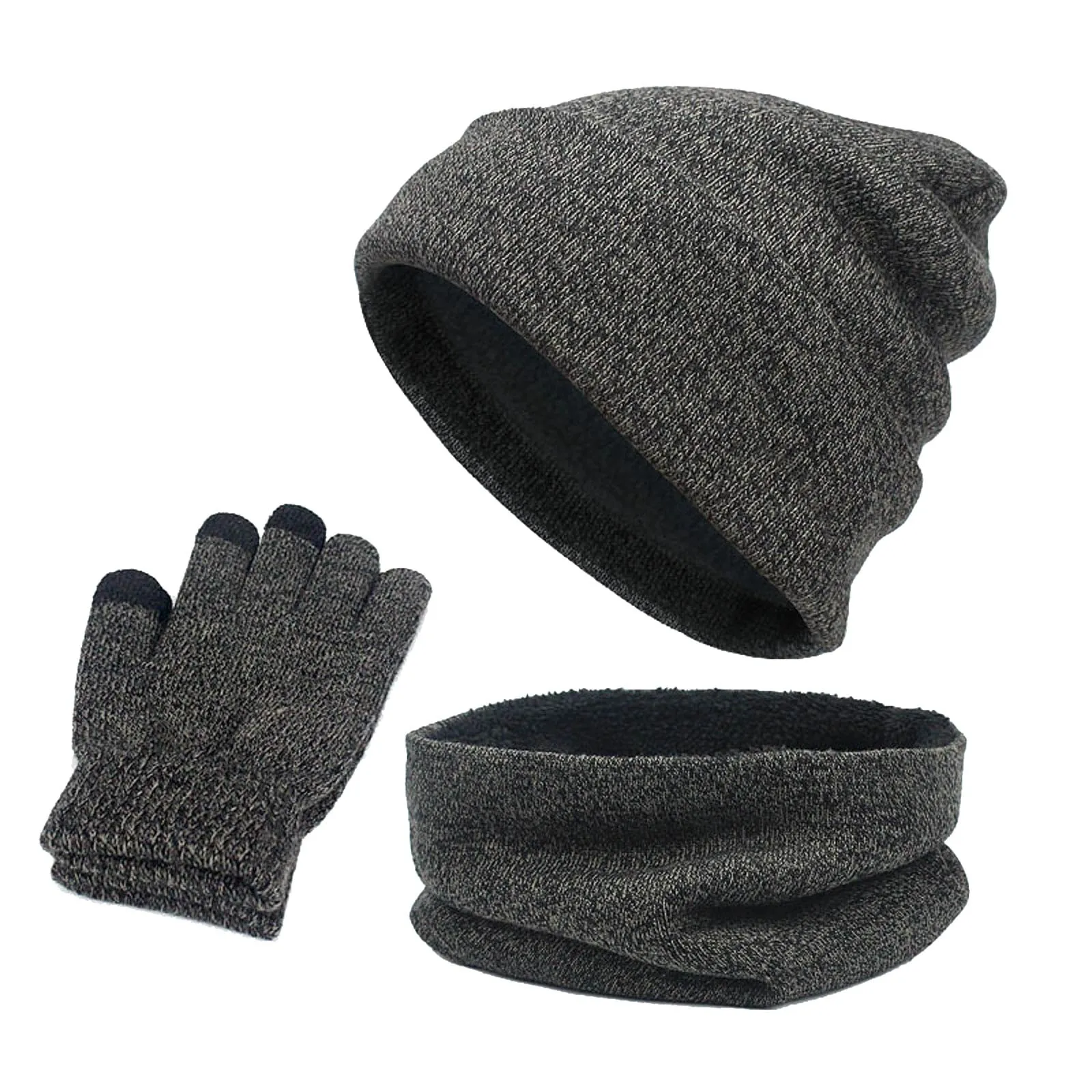 Women Mens Hat Scarf Glovers Set Unisex 3PCS Winter Fleece Lining Knitted Beanie Hat Earmuffs Neck Warmer Knit Gloves Thermal