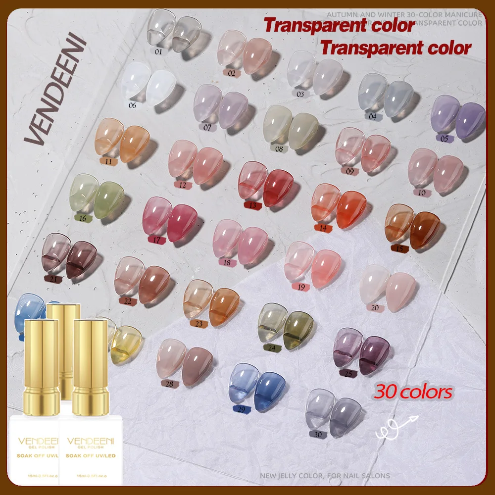 Vendeeni 30 Colors/Set Translucent Jelly Nail Gel Polish 15ml Lasting Healthy Ice Penetration Crystal Soak Off Gel Nail Varnish