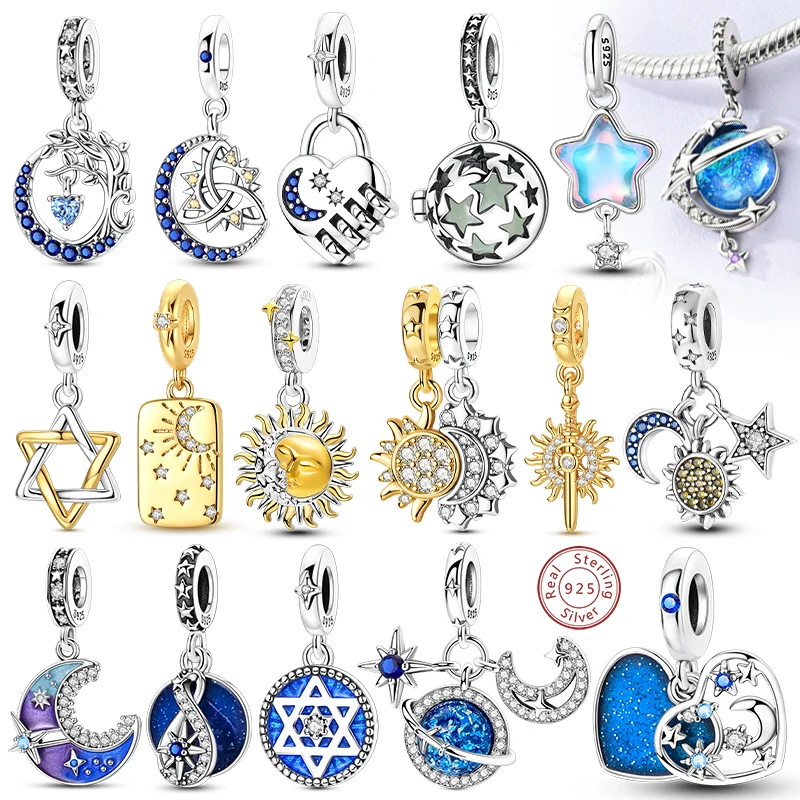 קסמי כסף סטרלינג 925 נוצצים שמיים זרועי כוכבים שמש כוכב ירח קסם חרוז תליון מתאים צמיד מקורי צמיד מתנה תכשיטי אישה